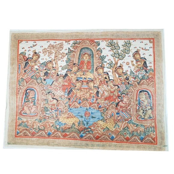 Vintage Balinese Kamasan Painting Textile Folk Art Arjuna Wiwaha Meditation - Picture 1 of 16